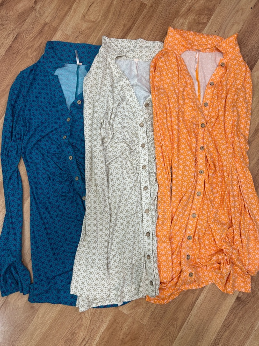 3 Free People Shayla Long Sleeve Mini Dresses Orange, Blue, Ivory Medium